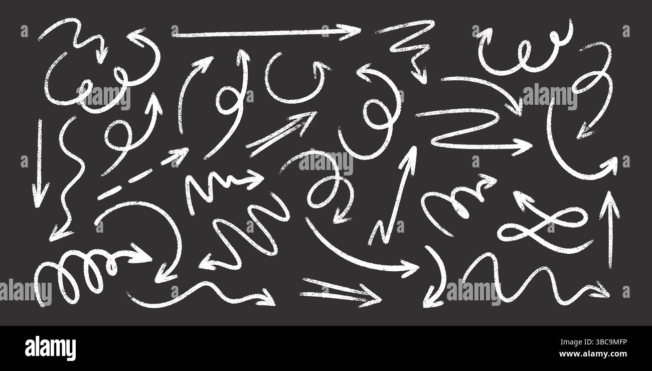 Craie flèche doodles fixés sur tableau noir - tourbillons blancs dessinés à la main, courbes, pointeurs. Illustration de Vecteur
