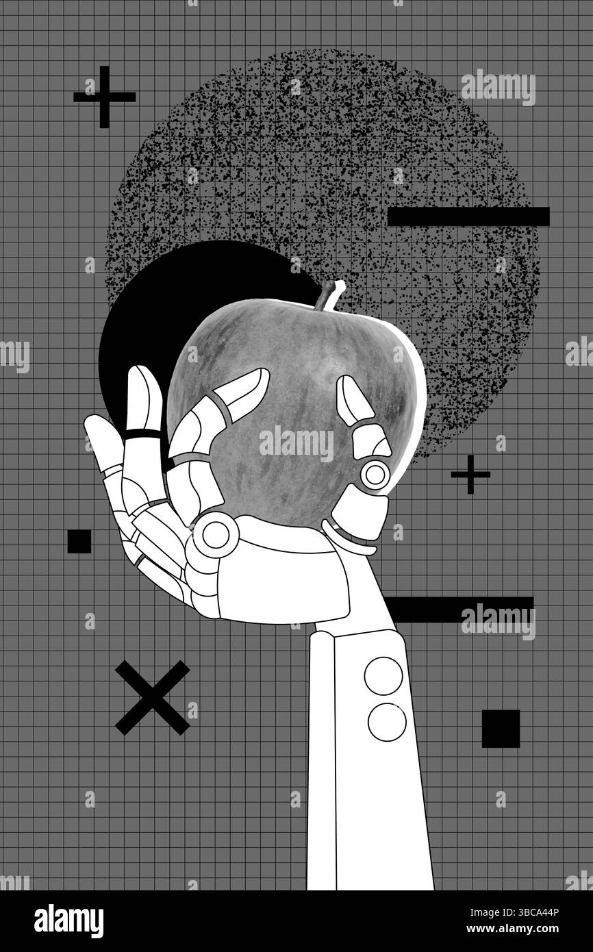 Vertical image art collage pop de l'intelligence artificielle robotique main tenir la nutrition de fruits de pomme détox technologie moderne Banque D'Images