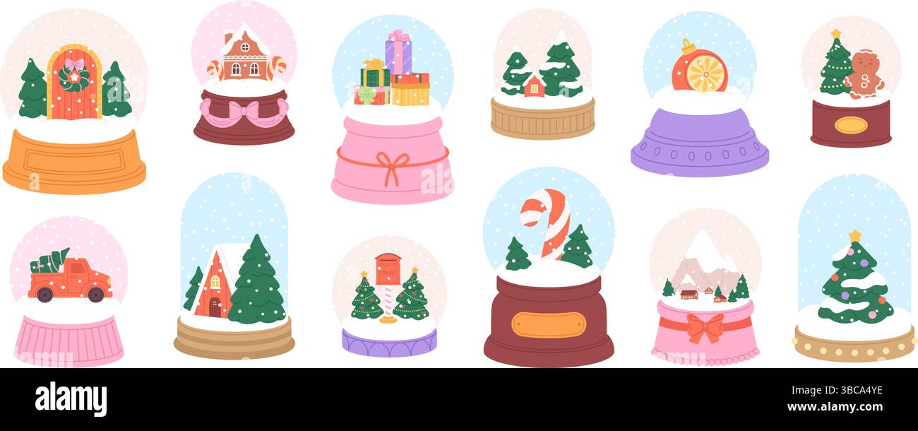 Boule à neige cartoon. Globes en verre de Noël avec boîtes à cadeaux, voiture, arbre de Noël, boîte aux lettres santa. Décorations de maison de vacances d'hiver, clipart vectoriel racé Illustration de Vecteur