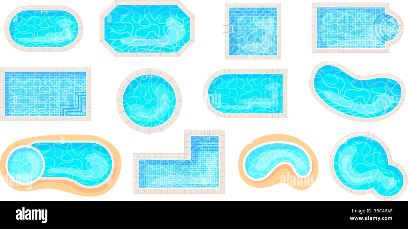 Vue sur la piscine de dessins animés. Piscines rectangle de cercle de forme différente ovale, zone de natation 2d jeu de piscine mosaïque de sol de texture d'eau, vacances d'été soignées illustration vectorielle illustration originale Illustration de Vecteur