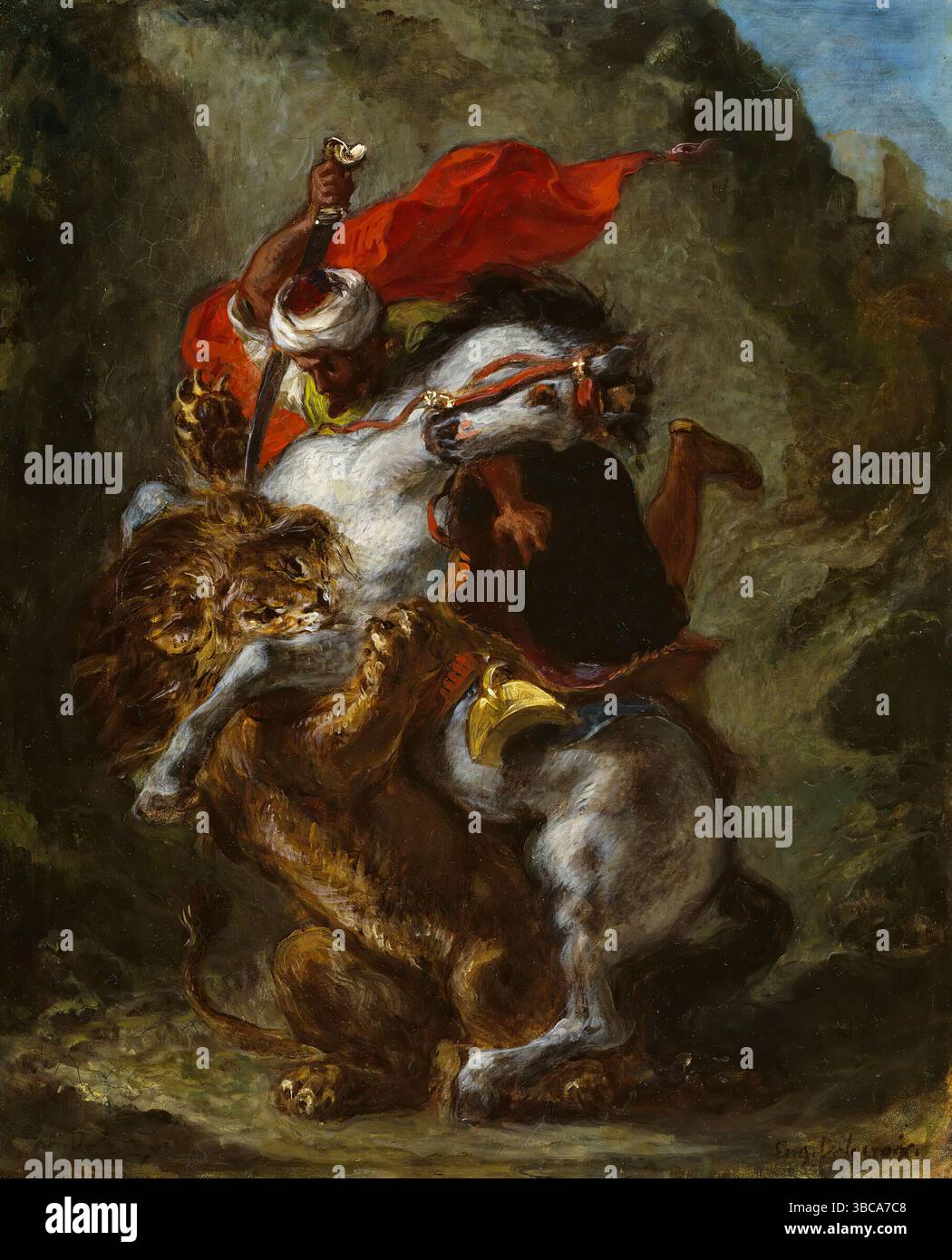 Cavalier arabe attaqué par un Lion. Eugène Delacroix. 1849-50. Banque D'Images