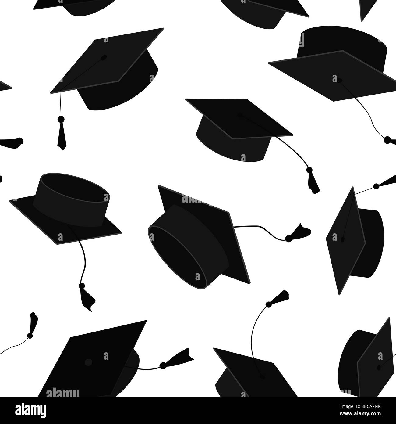 Motif sans couture festif avec des chapeaux gradués dans l'air. Fond de casquettes de graduation volantes pour les annonces de graduation, les invitations, la célébration Illustration de Vecteur