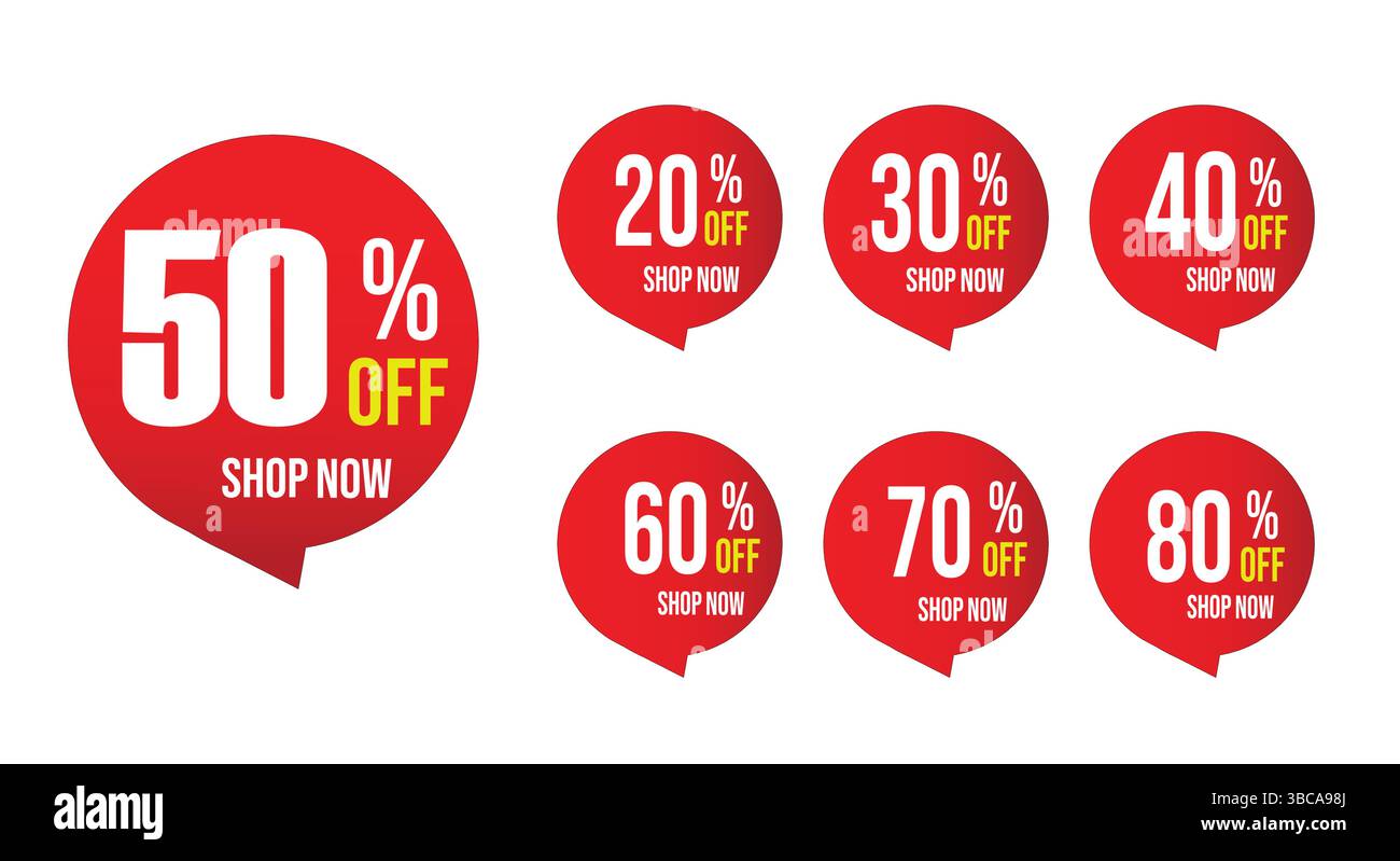 Ensemble d'étiquettes de prix de rabais autocollant de pourcentage différent. Étiquettes de réduction 20% 30% 40% 50% 60% 70% à 80% DE RABAIS étiquettes de vente pour les promotions Marketing illust Illustration de Vecteur