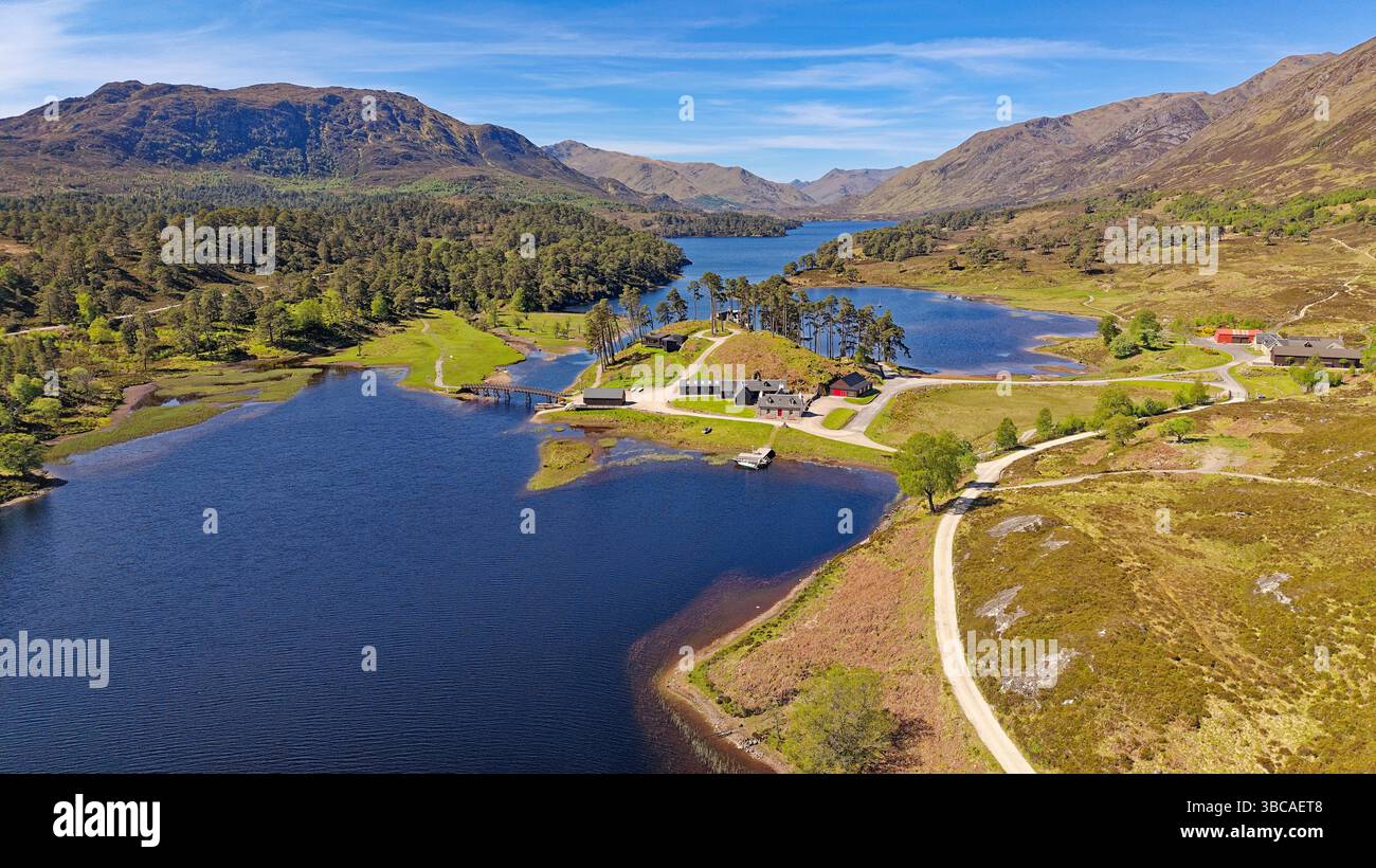 Glen Affric Cannich Écosse un ciel bleu au-dessus du Loch Lodge et des dépendances avec de nombreux arbres par une journée ensoleillée au printemps Banque D'Images