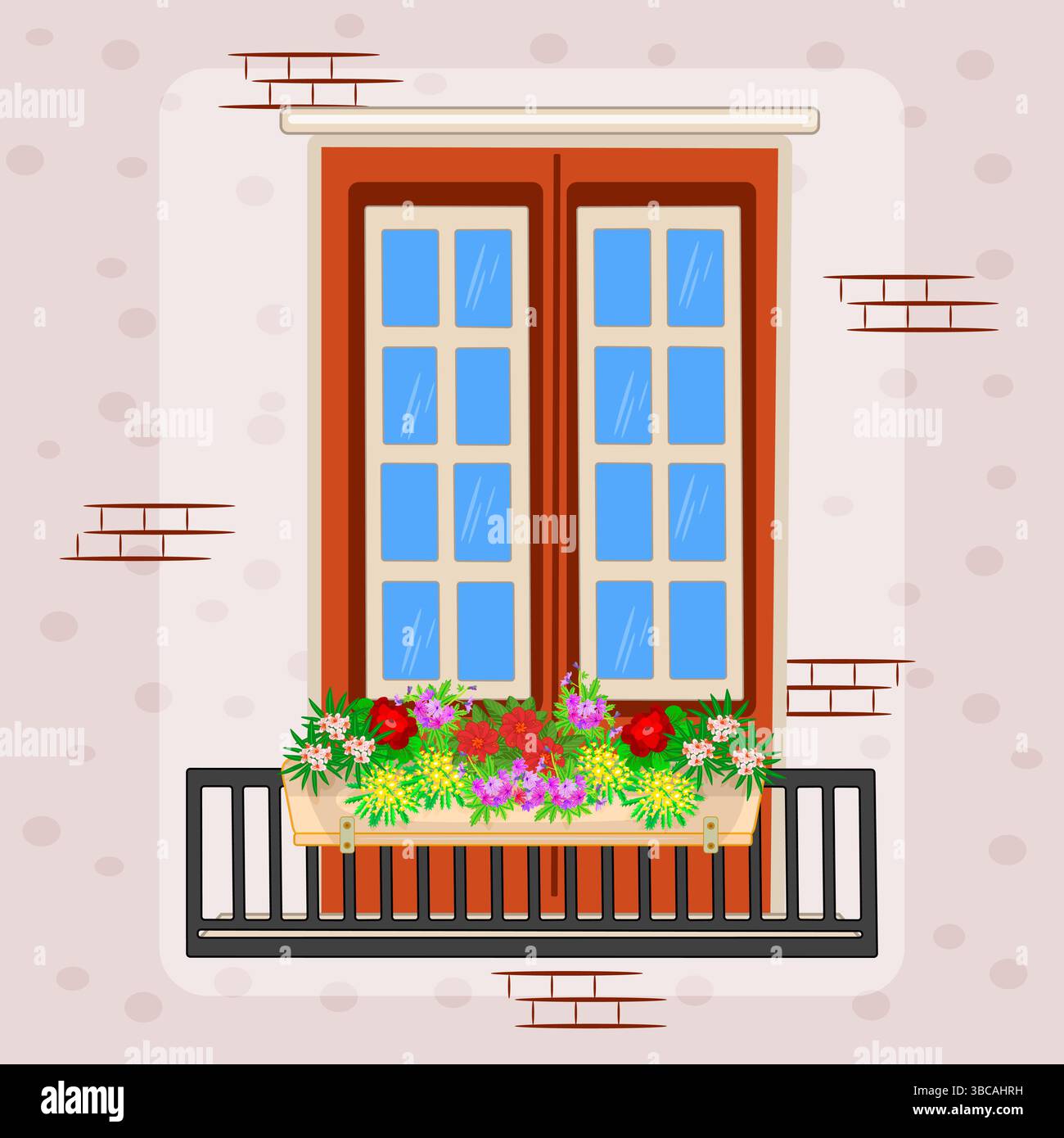 Balcon et fenêtre de la façade d'immeuble de maison ou d'appartement avec des fleurs en pot. Balcon décoré avec des fleurs.plantes dans des cachepots sur window sill.Vector Illustration de Vecteur