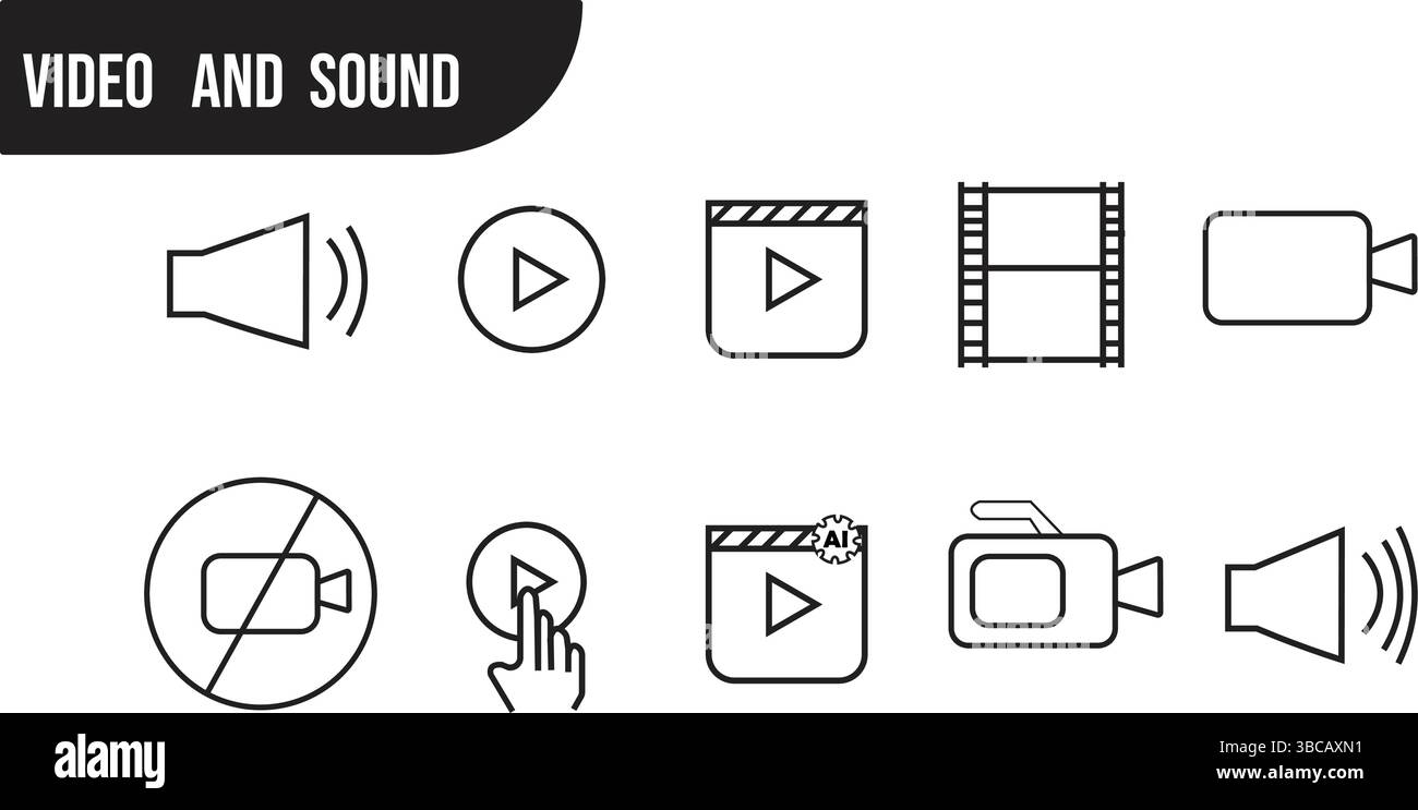 Icônes de ligne vidéo et audio définies pour l'interface multimédia et de lecture Illustration de Vecteur