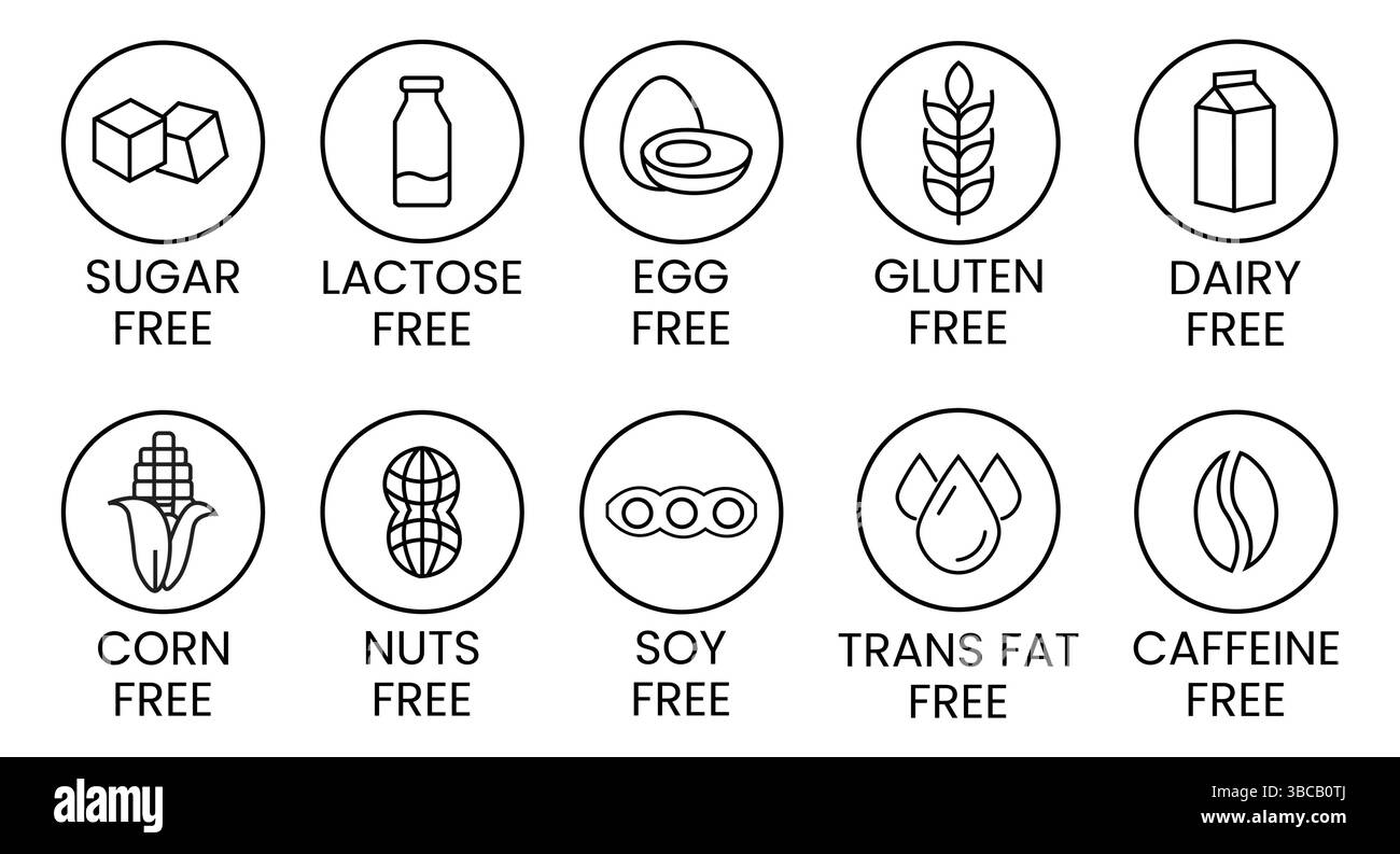 Définir des icônes sans allergène. Produits exempts d'allergènes. Symboles d'avertissement des produits. Lactose, gluten, sucre, maïs, oeuf, gras trans, soja, noix sans, signe de caféine Illustration de Vecteur