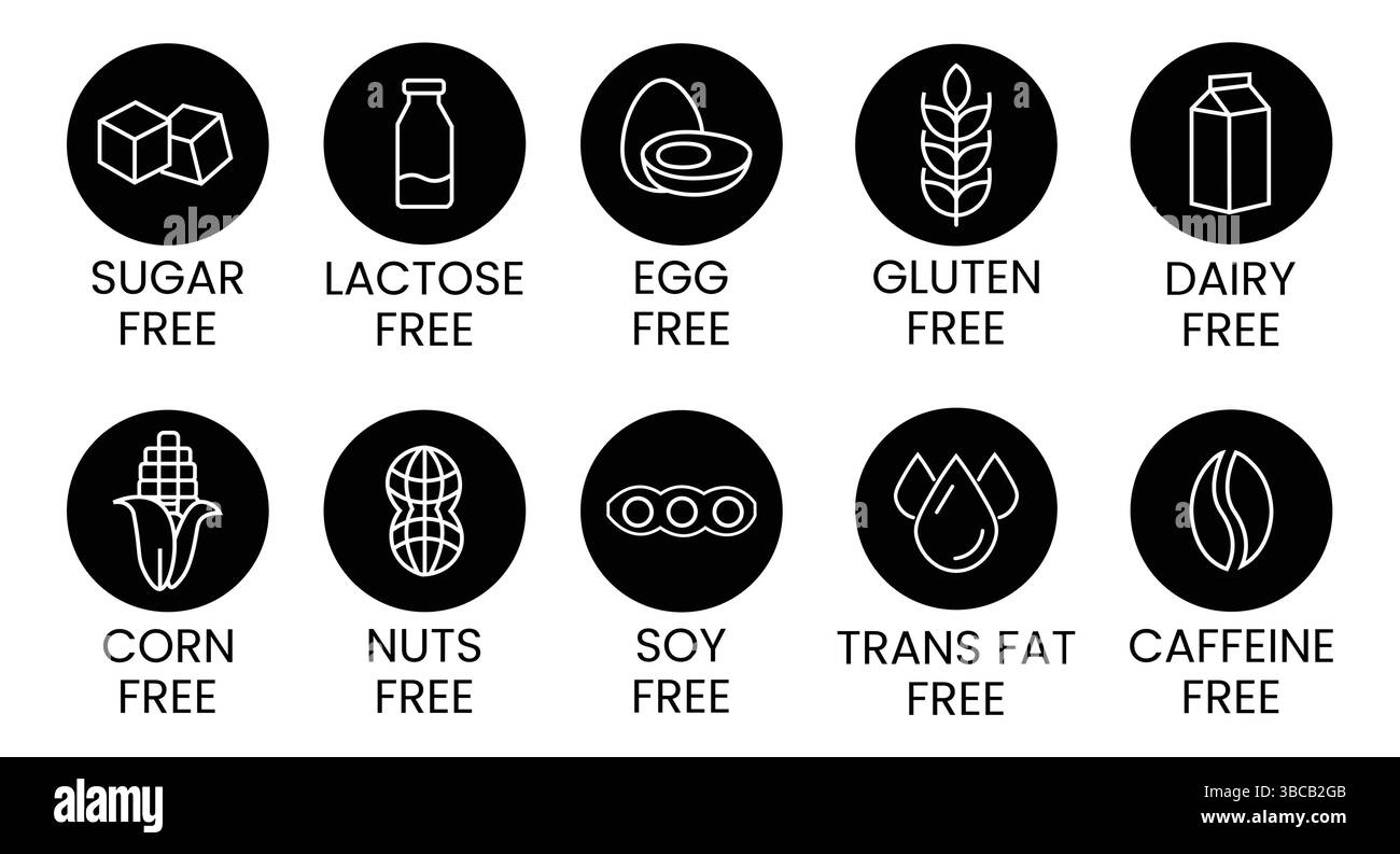 Définir des icônes sans allergène. Produits exempts d'allergènes. Symboles d'avertissement des produits. Lactose, gluten, sucre, maïs, oeuf, gras trans, soja, noix sans, signe de caféine Illustration de Vecteur