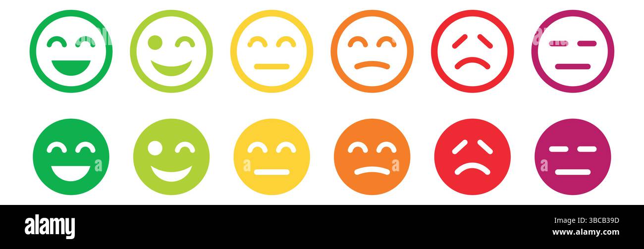 Jeu d'icônes de visage pour émoticônes de feedback. Évaluation des commentaires emoji. Mauvais et bon avis. Réaction heureuse et triste. Visages d'humeur pour enquête, icônes de notation. Vecteur Illustration de Vecteur