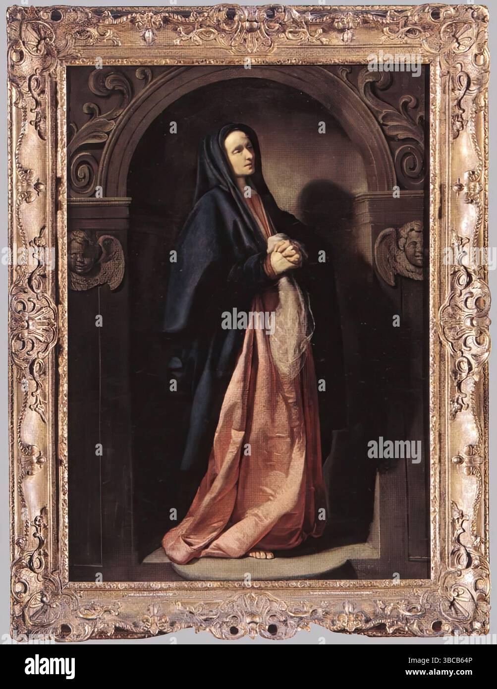 KEYSER, Thomas de (né en 1596/97, Amsterdam, mort en 1667, Amsterdam) Vierge Marie 1630 huile sur toile, 114 x 80 cm Musée Amstelkring, Amsterdam cette peinture et son compagnon, l'apôtre Saint Jean, étaient probablement destinés à être montrés de part et d'autre d'une représentation du Christ crucifié, hypothèse soutenue par le regard de Saint Jean. Puisque la Vierge et l'Apôtre ont été représentés comme des sculptures dans une niche, dans un cadre architectural, le Christ absent aurait probablement été une statue. Malheureusement, l'effet que la sculpture aurait eu dans la niche est compensé par l'extravagant fram Banque D'Images KEYSER, Thomas de (né en 1596/97, Amsterdam, mort en 1667, Amsterdam) Vierge Marie 1630 huile sur toile, 114 x 80 cm Musée Amstelkring, Amsterdam cette peinture et son compagnon, l'apôtre Saint Jean, étaient probablement destinés à être montrés de part et d'autre d'une représentation du Christ crucifié, hypothèse soutenue par le regard de Saint Jean. Puisque la Vierge et l'Apôtre ont été représentés comme des sculptures dans une niche, dans un cadre architectural, le Christ absent aurait probablement été une statue. Malheureusement, l'effet que la sculpture aurait eu dans la niche est compensé par l'extravagant fram Banque D'Images
