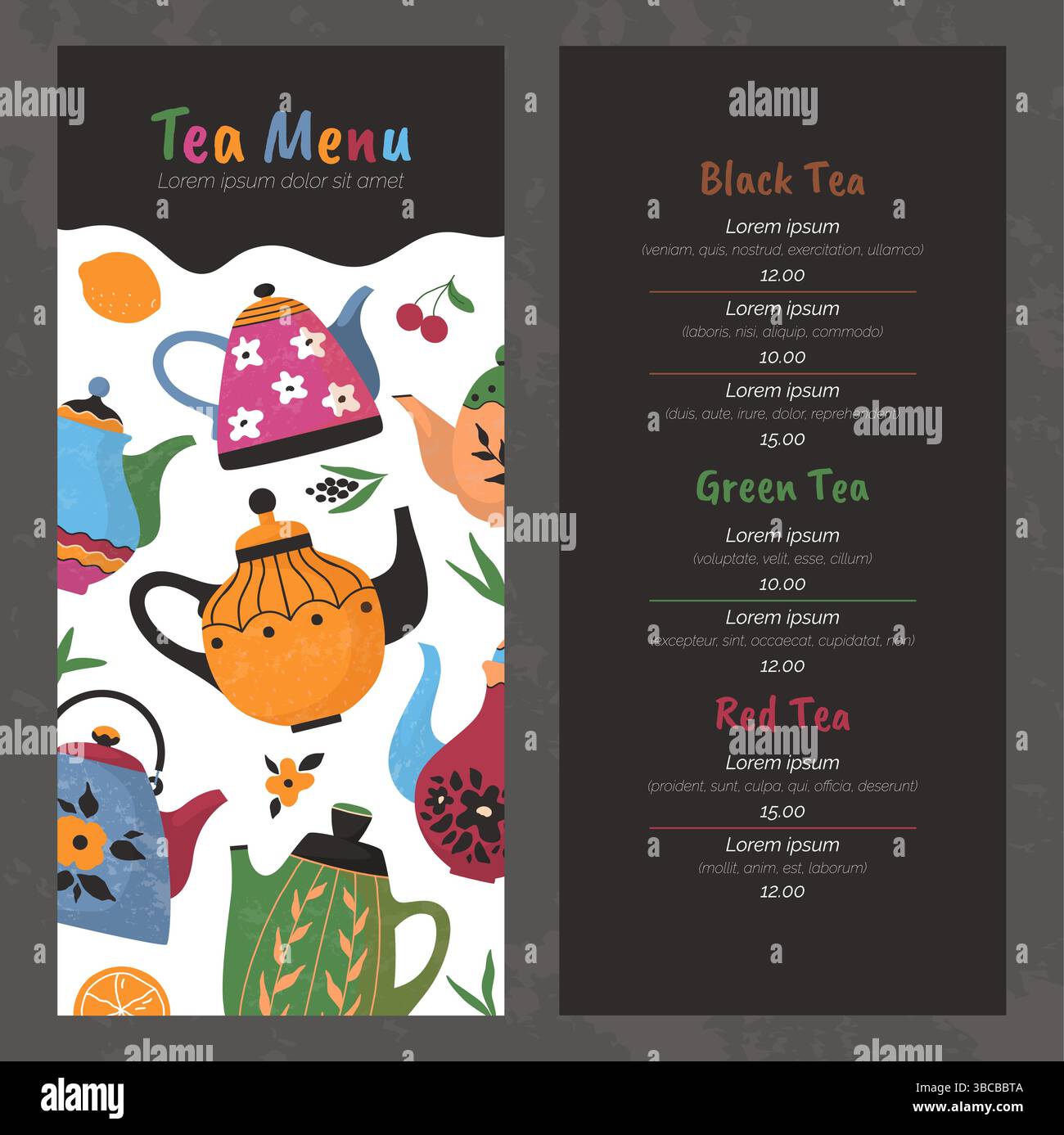 Menu thé. Modèle de typographie. Couverture avec motif coloré, page avec espace de copie pour le texte et les prix. Vaisselle à doodle pour boire du thé. Illustration plate de dessin animé vectoriel de restaurant de conception flyer Illustration de Vecteur