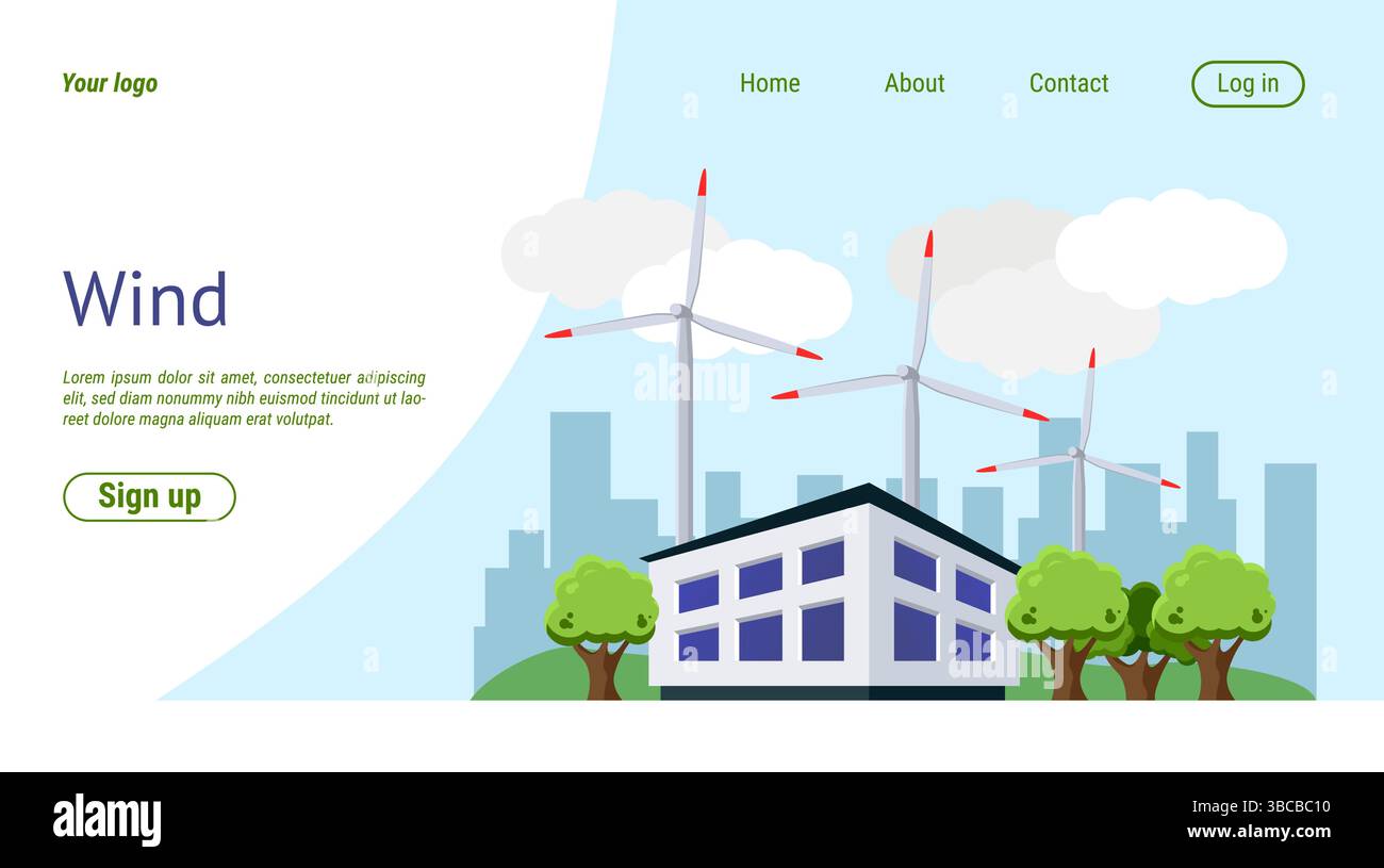 Page d'accueil de la centrale électrique. EOLIENNE GENERATEUR. Énergie verte renouvelable du vent. Production d'électricité. Modèle de conception de site Web. Ressource propre alternative. Technologie ECO Powerhouse. Arrière-plan vectoriel Illustration de Vecteur