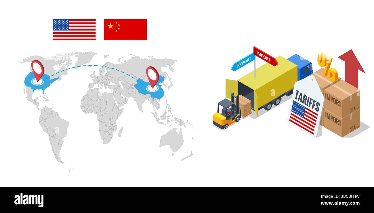 Vecteur isométrique d'un camion chinois arrêté à une barrière douanière marquée de DROITS DE douane, représentant des restrictions commerciales et des barrières économiques. Droits d'importation Illustration de Vecteur