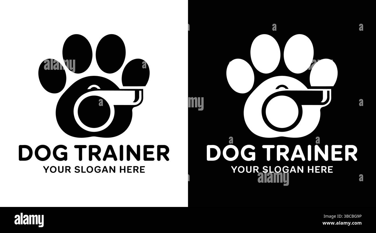 Un logo noir frappant combinant un imprimé patte et un sifflet d'entraîneur, représentant la loyauté canine et l'entraînement professionnel à l'obéissance. Parfait pour chien t Illustration de Vecteur