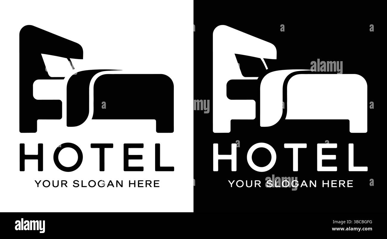 Logo noir audacieux avec une icône de lit et de cloche idéal pour les consultants en hôtellerie et les prestataires de services d'expérience clients axés sur la communication Illustration de Vecteur