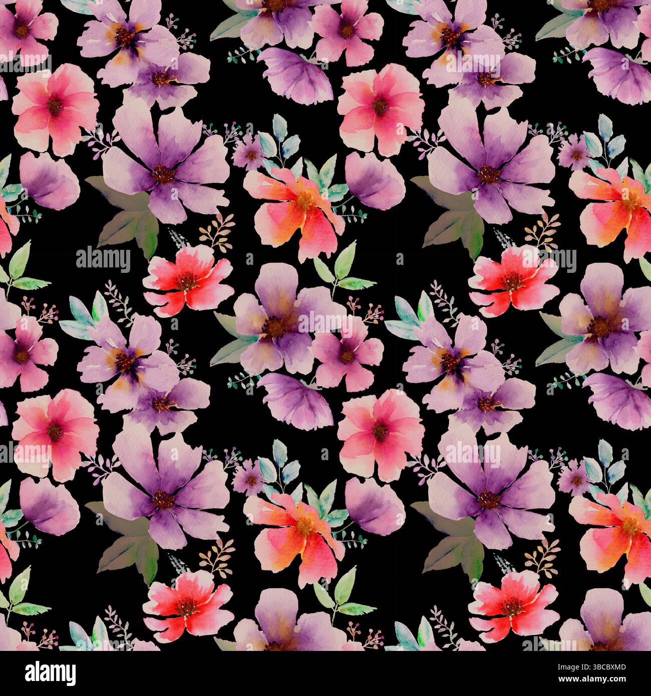 Aquarelle abstrait motif floral audacieux sans couture. Aquarelle dessinée à la main colorée fleur rouge violet rose sur illustration de fond noir. Imprimer pour w Banque D'Images