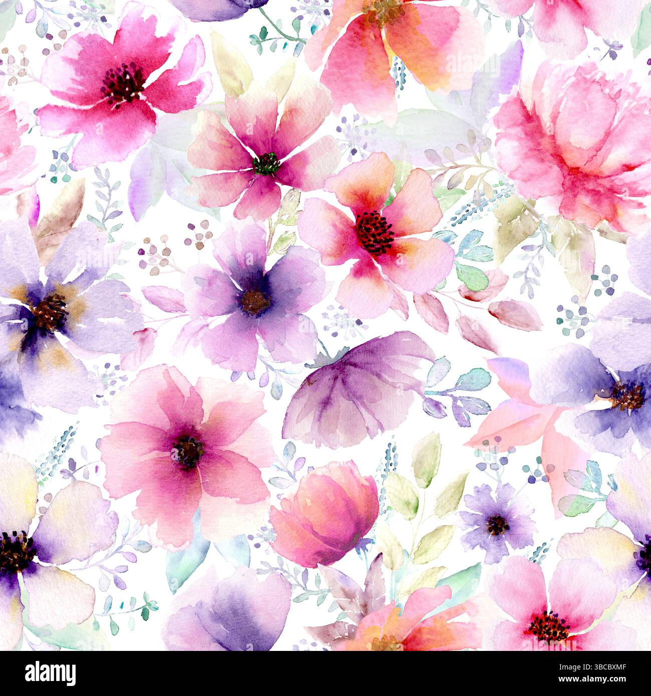 Aquarelle abstrait motif floral audacieux sans couture. Aquarelle dessinée à la main colorée violet rose rouge illustration de fleur. Impression multicolore pour papier peint, Banque D'Images
