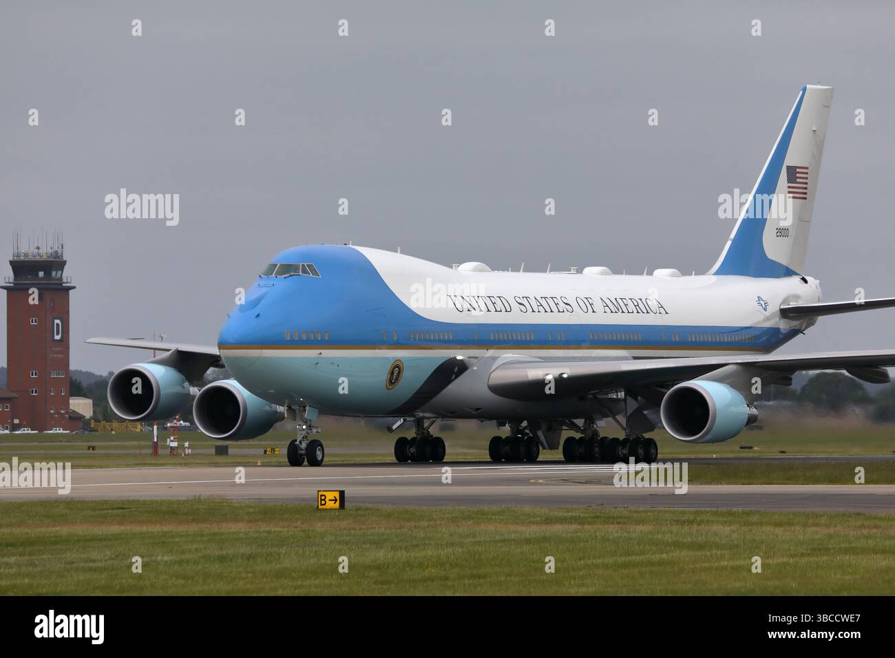 Avion présidentiel AMÉRICAIN, Air Force One, circulant à la base aérienne de la RAF Mildenhall, Suffolk, Royaume-Uni, le 16 mai 2025. Banque D'Images