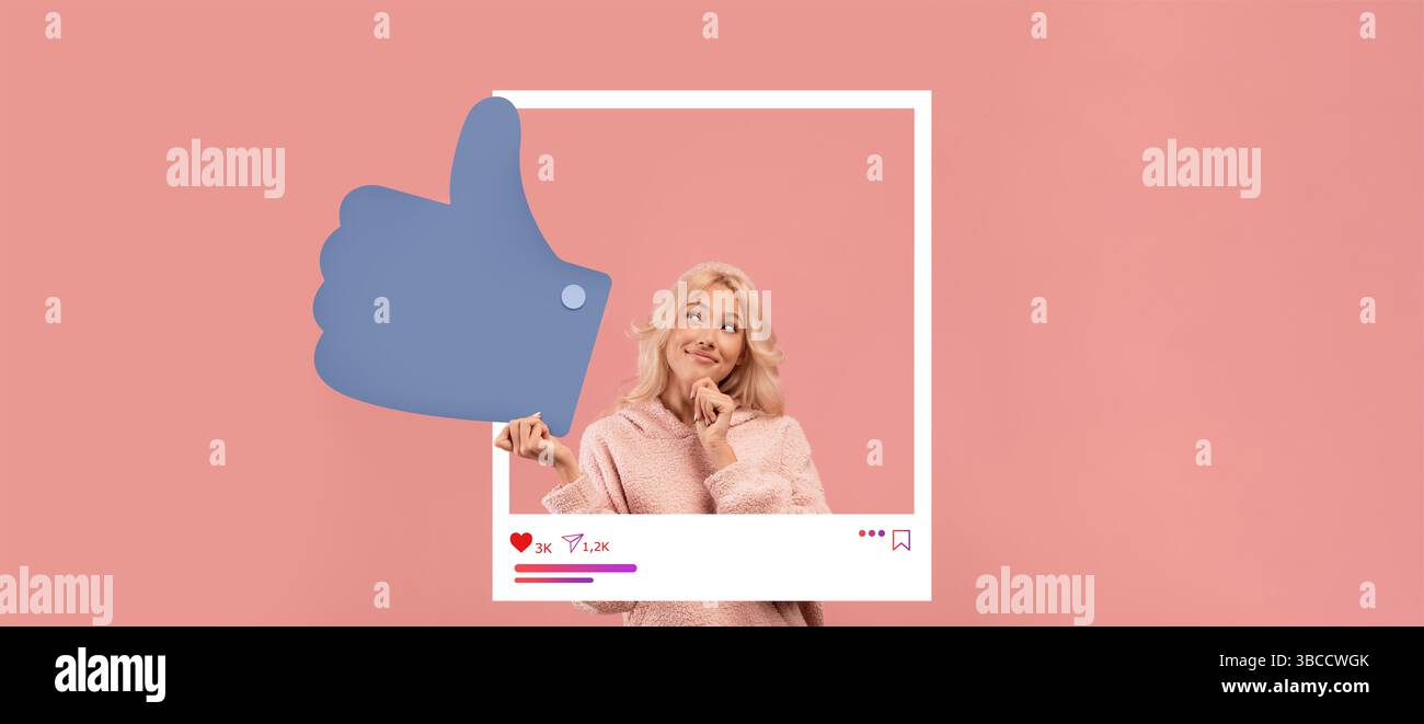 L'influenceur engageant partage du contenu avec le pouce vers le haut et un arrière-plan éclatant Banque D'Images