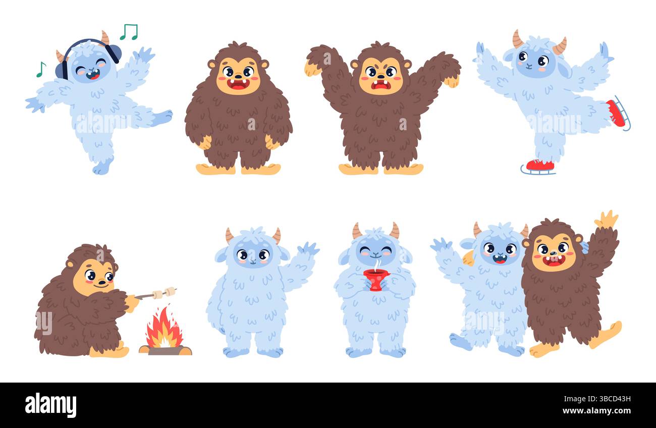 Dessins animés yéti et personnages bigfoot. Humanoïdes fantastiques drôles, monstres moelleux, mignon sasquatch heureux, hiver et été, monstre poilu dans différent Illustration de Vecteur