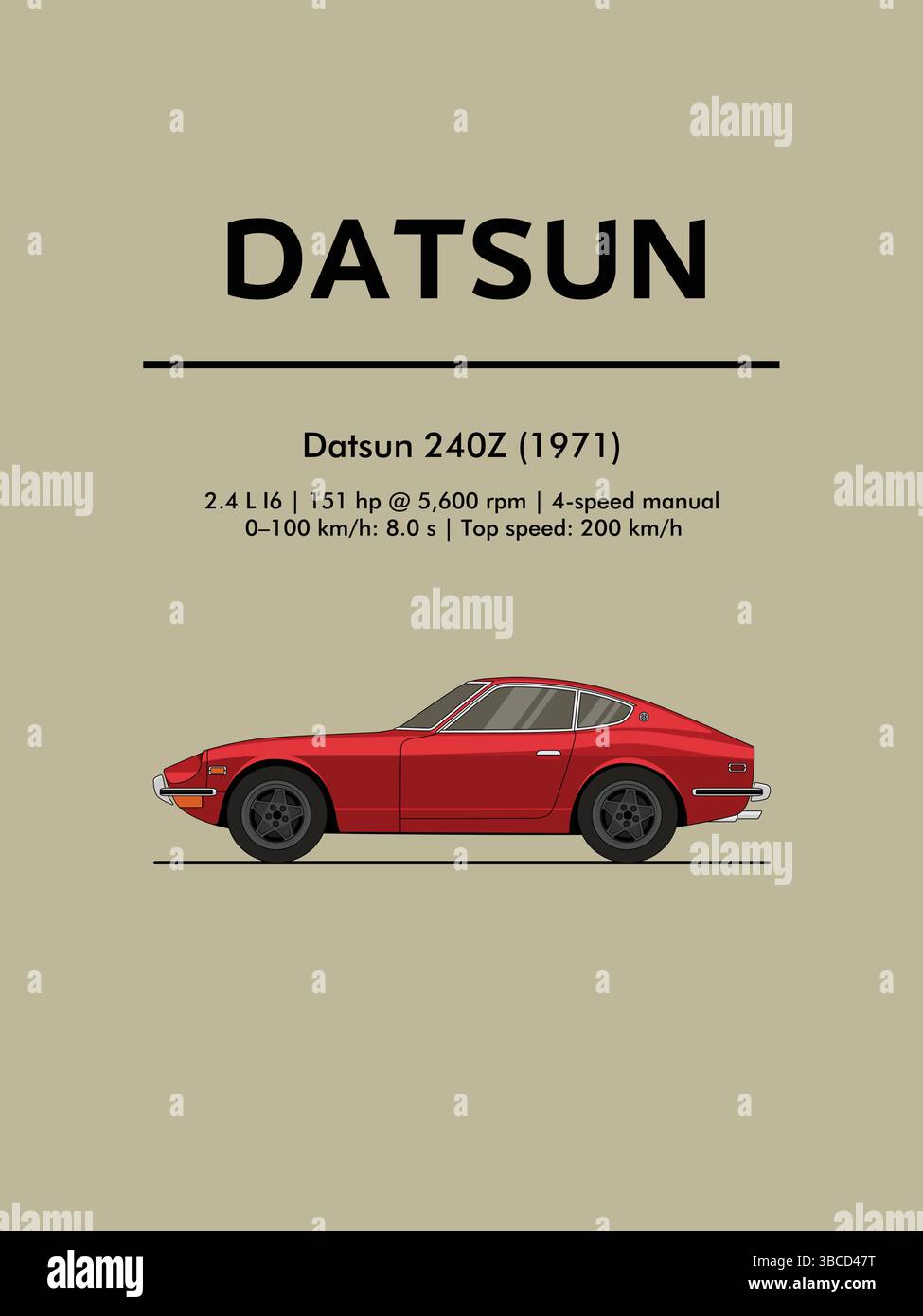 Illustration vectorielle d'une Datsun 240Z rouge en vue de profil latérale. Design épuré et plat avec une esthétique rétro, parfait pour les affiches ou les œuvres d'art sur le thème de la voiture. Illustration de Vecteur Illustration vectorielle d'une Datsun 240Z rouge en vue de profil latérale. Design épuré et plat avec une esthétique rétro, parfait pour les affiches ou les œuvres d'art sur le thème de la voiture. Illustration de Vecteur
