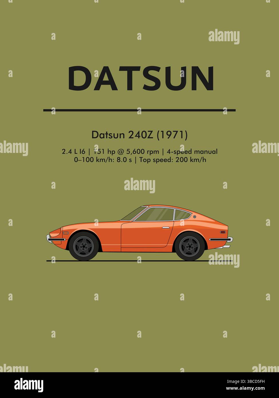 Illustration vectorielle de profil latéral d'un Datsun 240Zorange classique. Design d'affiche de voiture de style minimaliste. Illustration de Vecteur Illustration vectorielle de profil latéral d'un Datsun 240Zorange classique. Design d'affiche de voiture de style minimaliste. Illustration de Vecteur