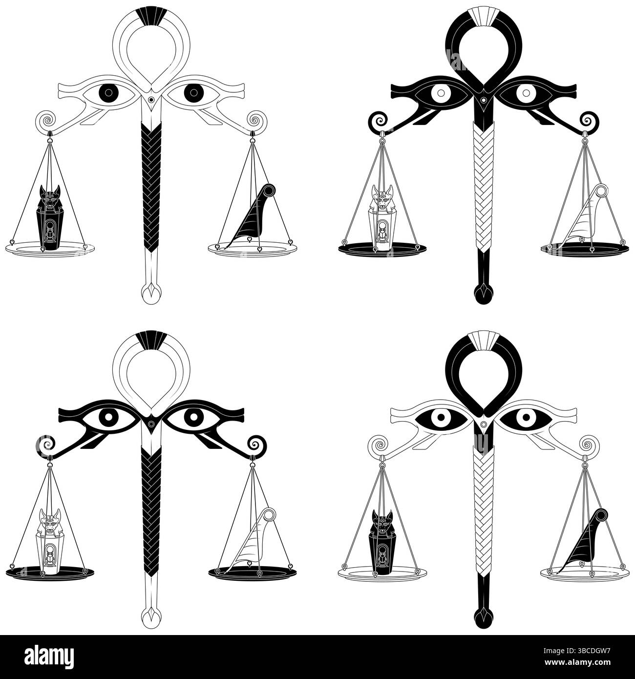 Écailles égyptiennes avec les yeux du Dieu Horus, écailles du Dieu Anubis pesant le pot Canopic, écailles avec plume de la vérité de la déesse Matt Illustration de Vecteur