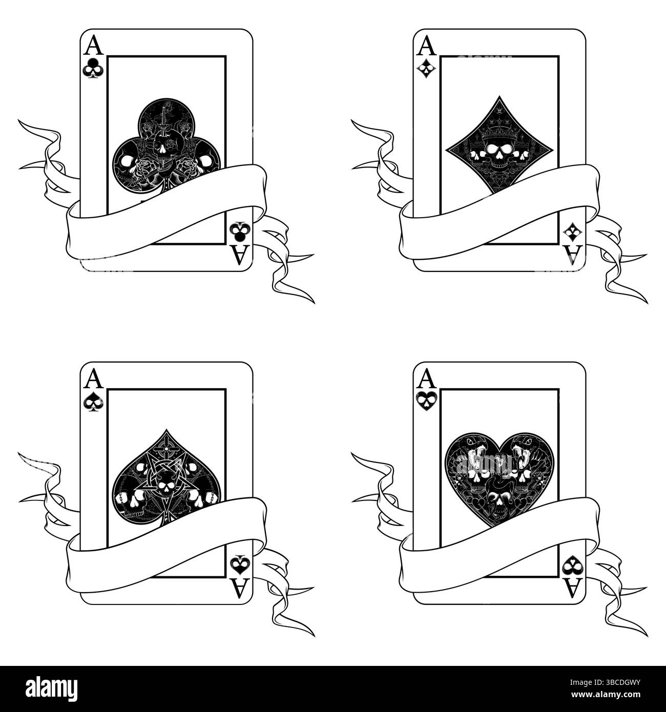 Carte de poker entourée d'un ruban, symboles de poker de coeur, diamant, club et as avec différents dessins de crâne Illustration de Vecteur