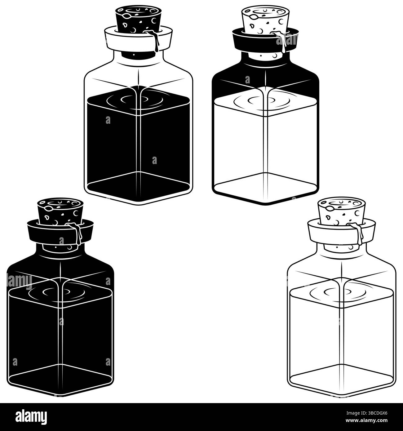Bouteille en verre de substances liquides, récipients de potion magique avec liège, bouteille en verre avec de l'eau minérale Illustration de Vecteur