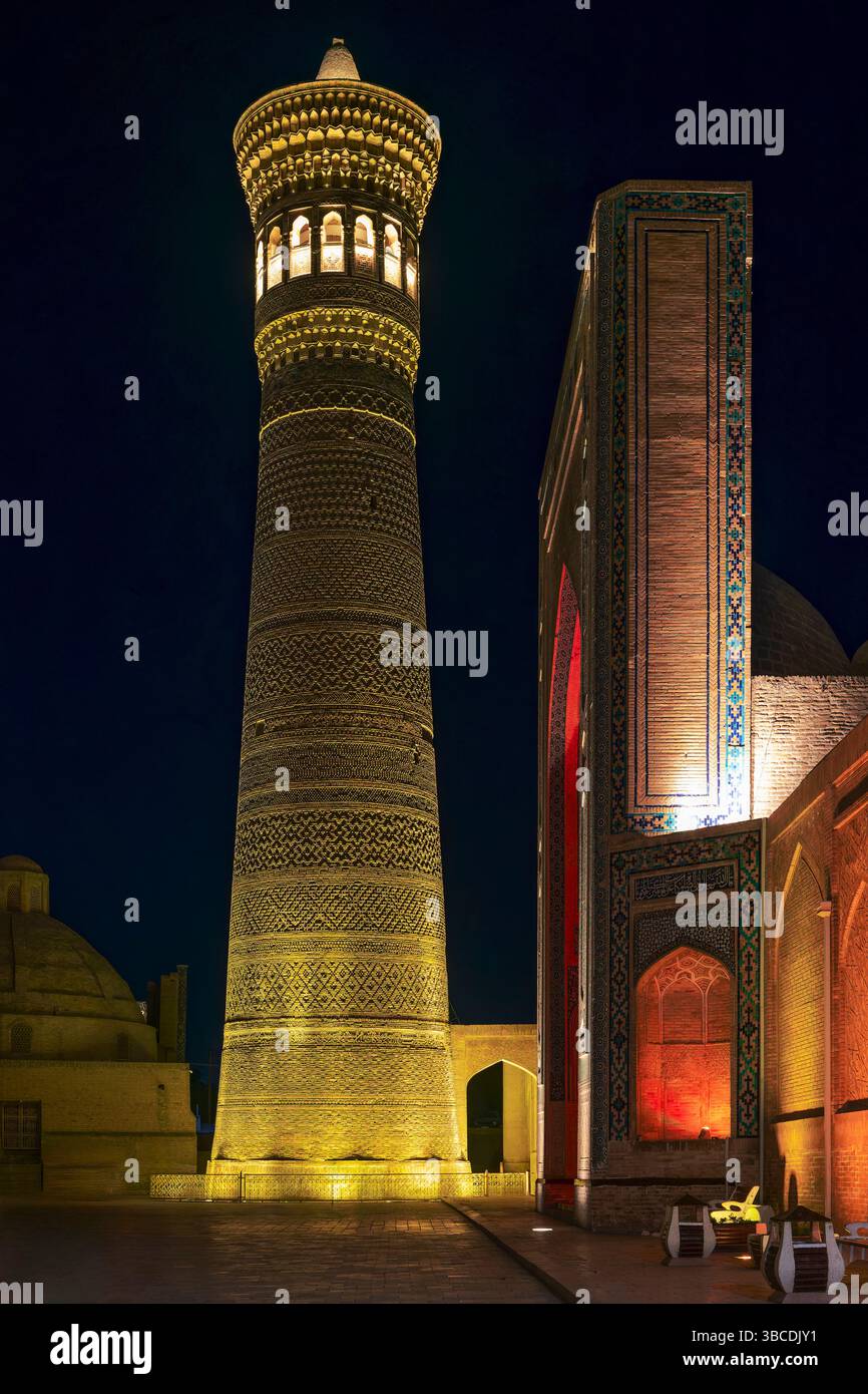 Le minaret Kalon et la mosquée Kalon à Boukhara, en Ouzbékistan, se lèvent ensemble la nuit, leurs lumières dorées mettant en valeur les pierres anciennes. Banque D'Images
