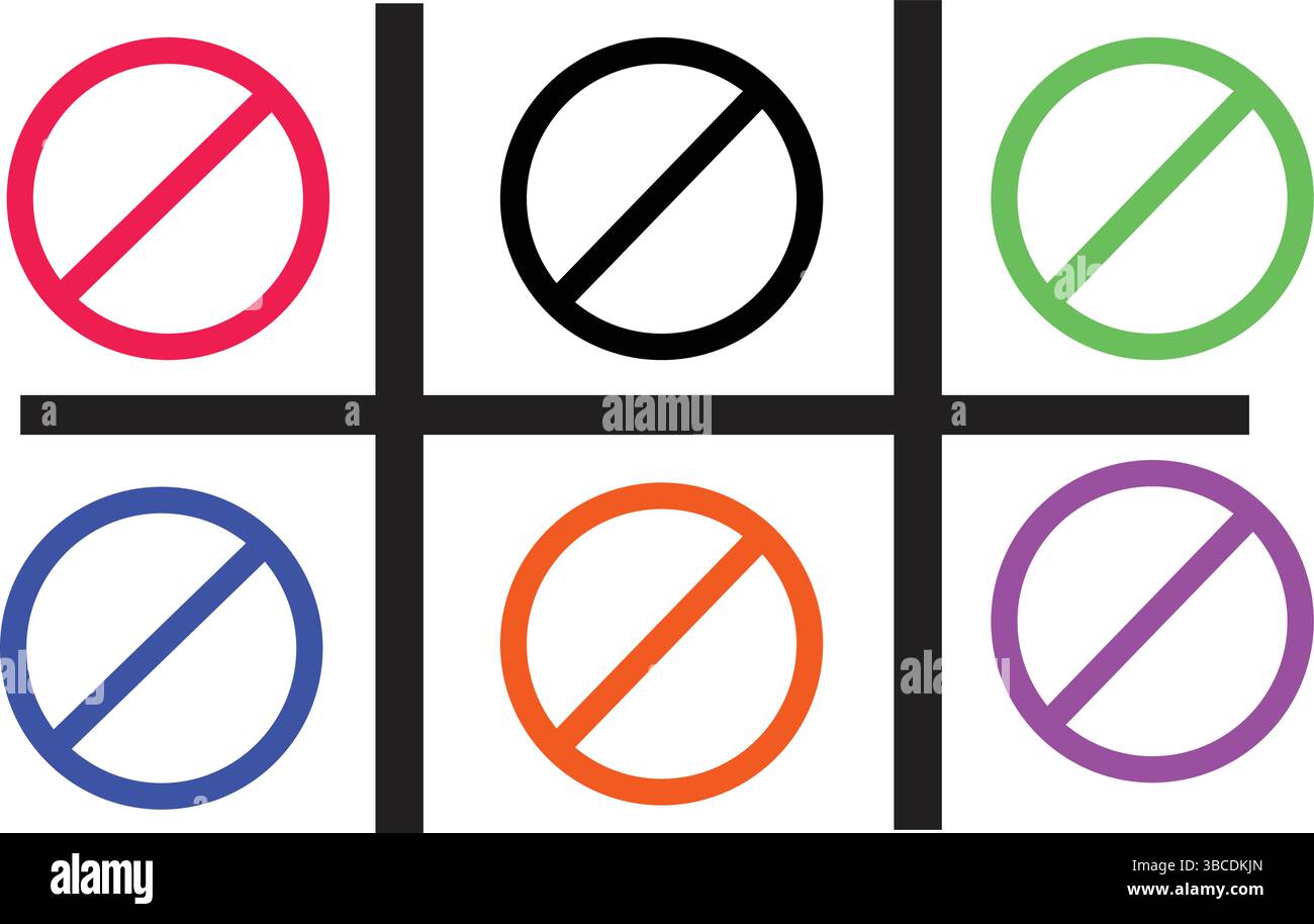 Icônes de vecteur de signe d'interdiction et d'interdiction dans des cercles de couleur vive pour la sécurité et les graphiques de route. Illustration de Vecteur