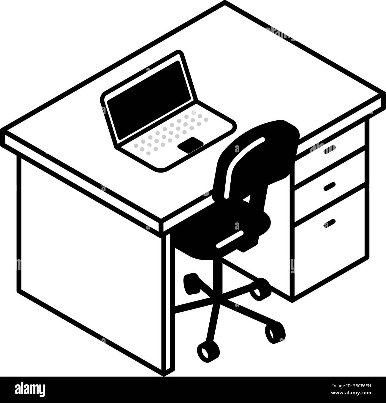 Illustration simple et mignonne d'art au trait isométrique d'un bureau organisé avec seulement un ordinateur portable, illustration vectorielle Illustration de Vecteur