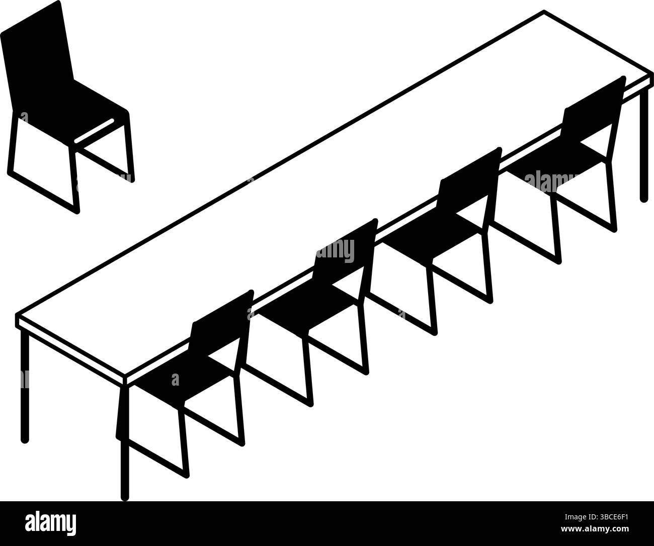 Illustration simple et mignonne d'art au trait isométrique d'un long bureau et d'une chaise dans une salle d'entrevue, illustration vectorielle Illustration de Vecteur