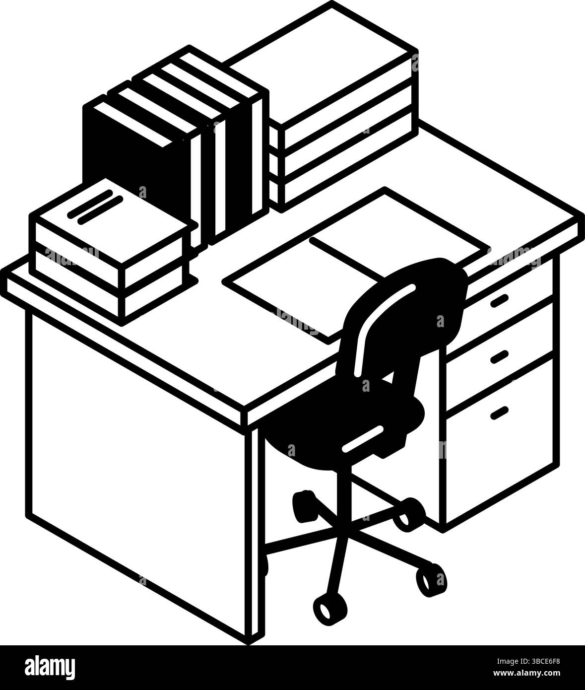 Illustration simple et mignonne de dessin au trait isométrique d'un bureau d'étude doublé de livres, illustration vectorielle Illustration de Vecteur