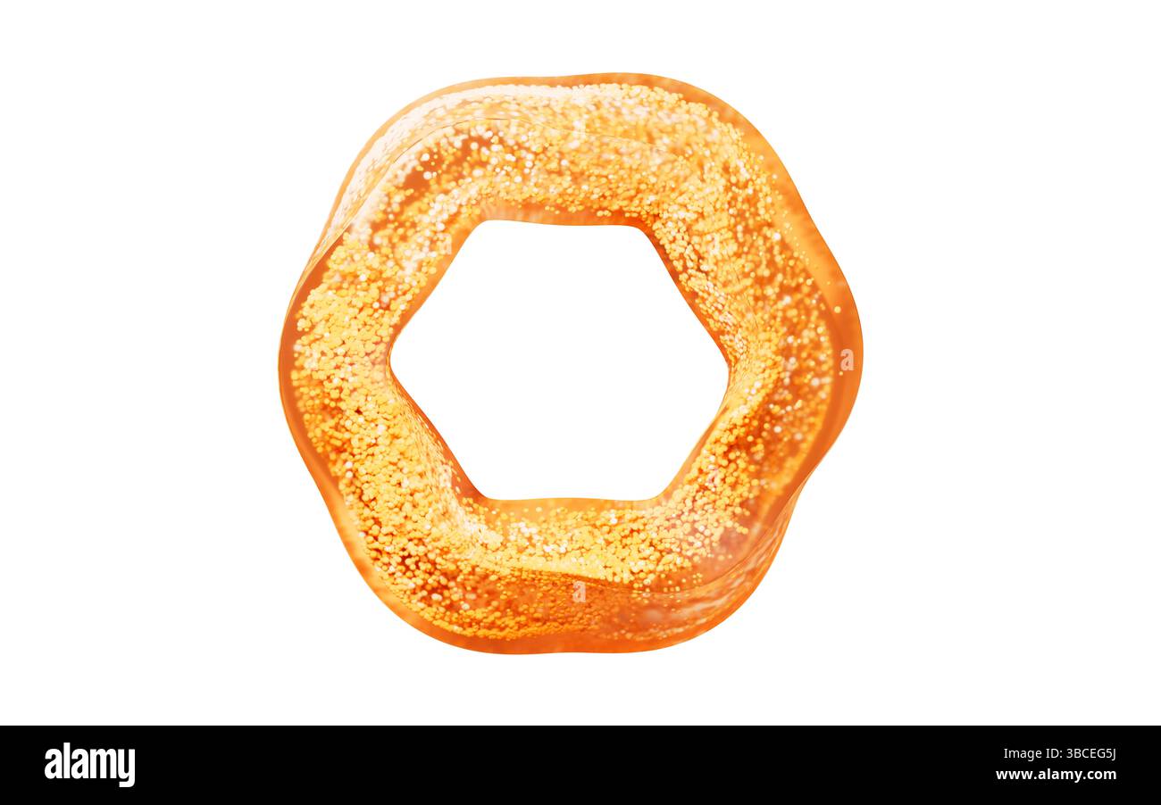 Particules orange coulantes en géométrie de verre, rendu 3D. Illustration 3D. Banque D'Images