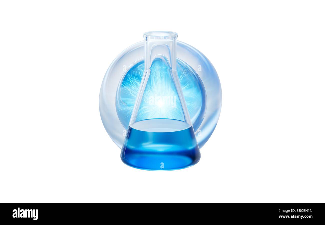 Flacon conique et bulles d'eau, rendu 3D. Illustration 3D. Banque D'Images