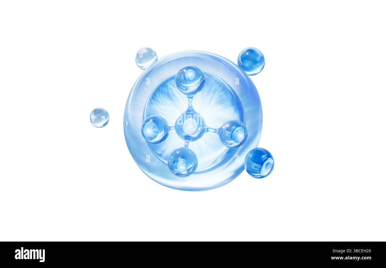 Molécule liquide bleue et bulles d'eau, rendu 3D. Illustration 3D. Banque D'Images