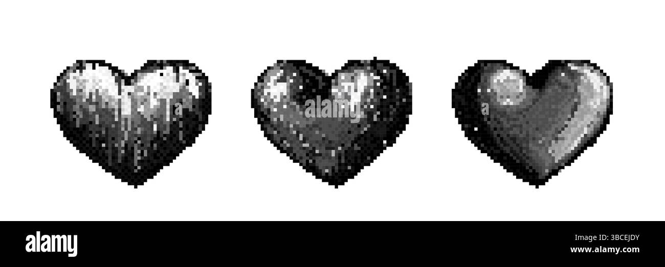 Icônes de cœur de pixels Y2K en niveaux de gris noir et blanc. Icônes d'amour de style rétro 8 bits dans l'esthétique nostalgique des années 90. Symboles romantiques pour carte de Saint-Valentin d'art numérique simple. Émoticône de joueur old School. Illustration de Vecteur