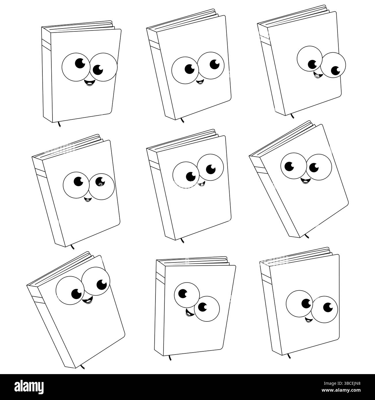 Ensemble de personnages de livre de dessins animés. Livres mignons pour enfants et lecture préscolaire. Coloriage noir et blanc. Banque D'Images