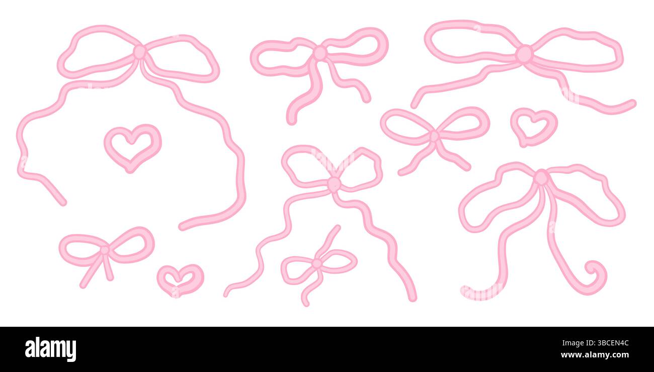 Ensemble noeud vintage girly rose tendance dessiné à la main et coeurs. Archet pour décor de cheveux plat. Rubans isolés. Accessoires tendance pour filles. Éléments de coiffure mignons Illustration de Vecteur