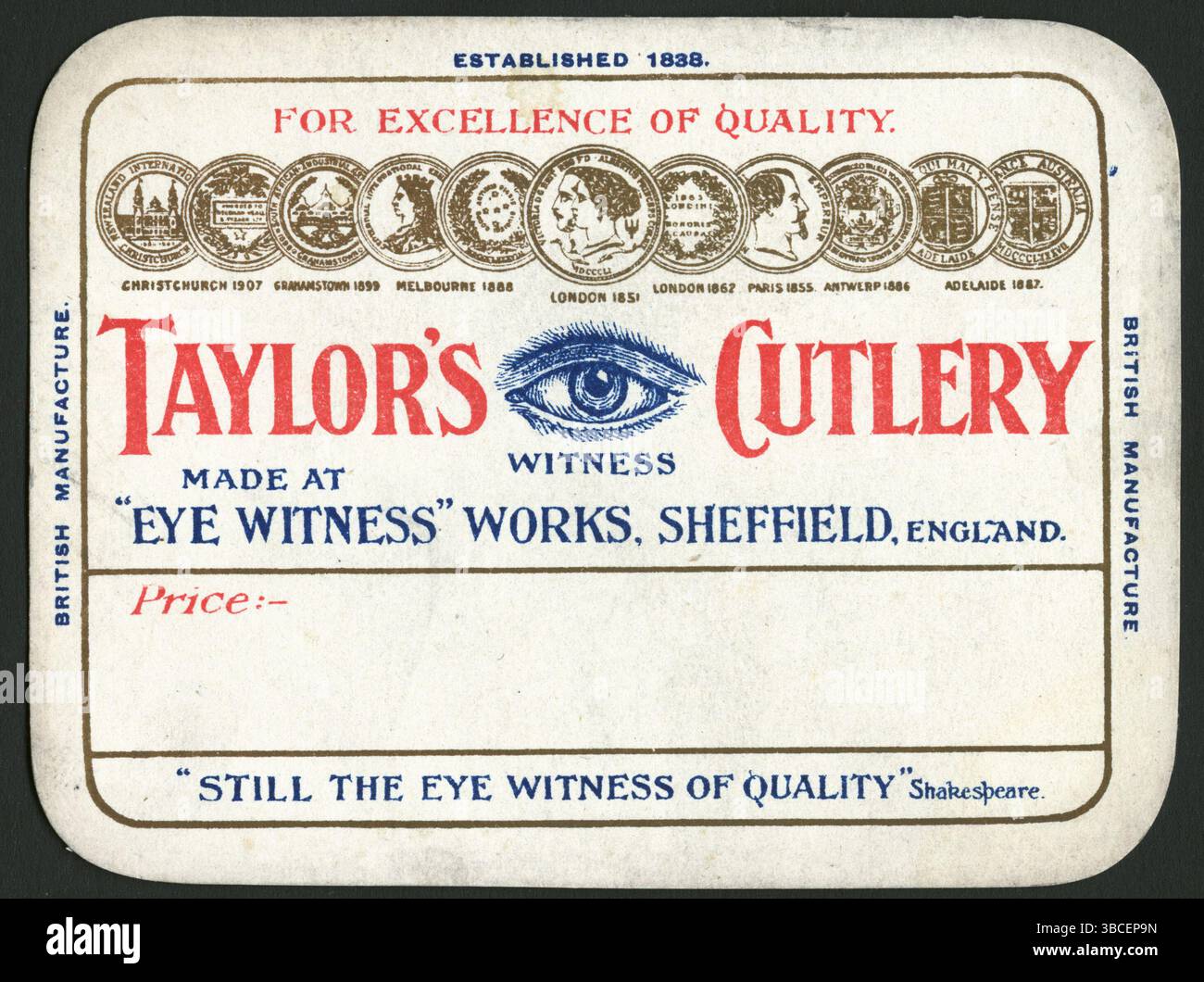 Sheffield Cutlery Trade Cards fin XIXe siècle. Couverts Taylors, Eye Witness Works fondée en 1838. Carte de prix. Montre les médailles gagnées, le célèbre logo « Eye » de la firme. Industrie britannique. Banque D'Images
