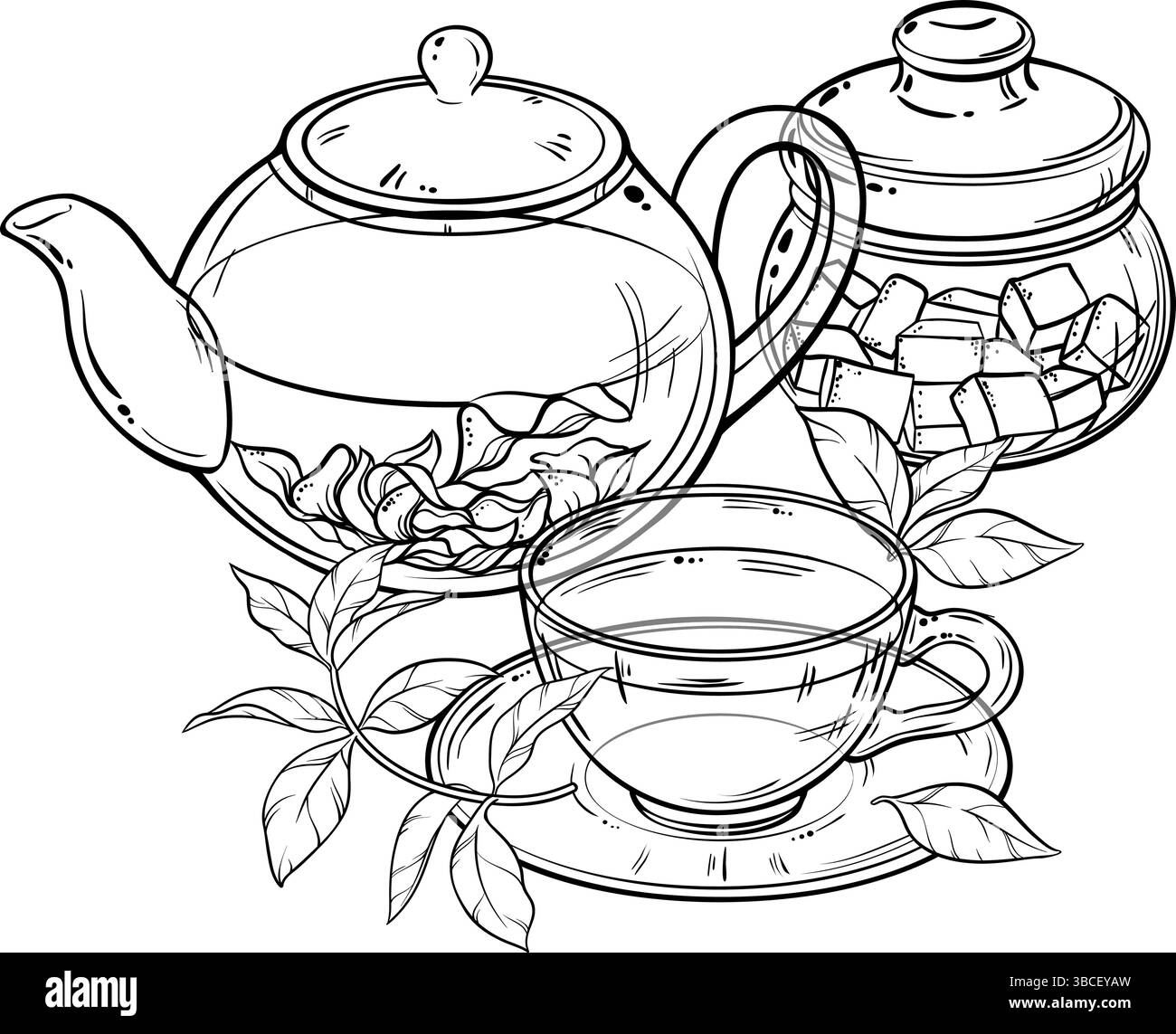 Ensemble de thé isolé illustration de contour. Illustration de Vecteur