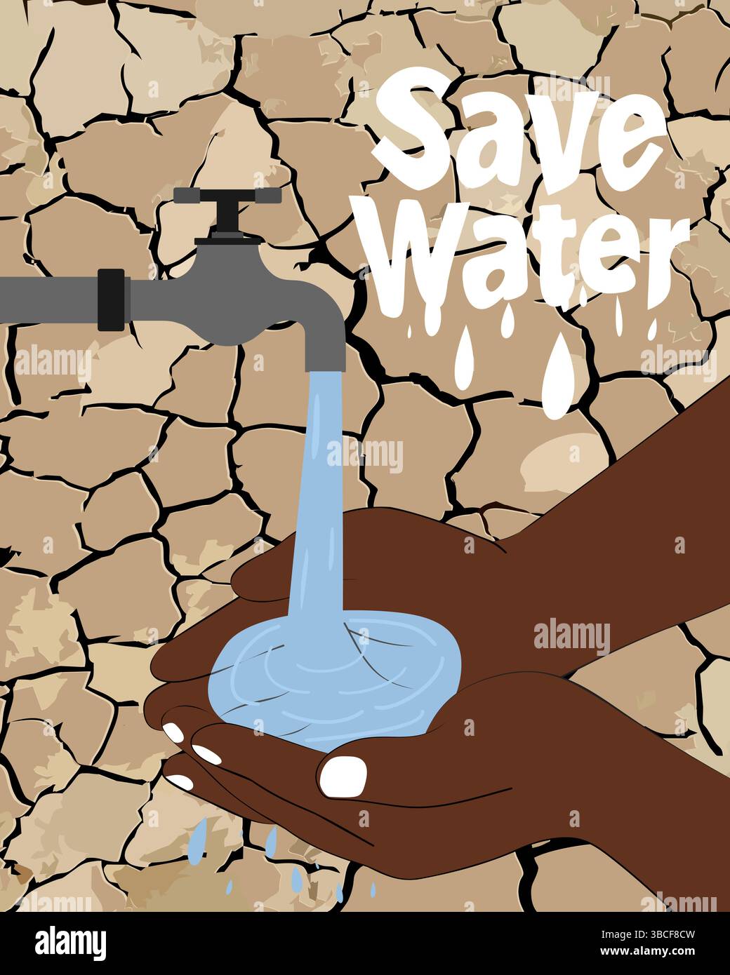 Illustration vectorielle de mains coupées collectant l'eau d'un robinet sur la terre fissurée avec le message Save Water. Conservation de l'eau et sensibilisation à la sécheresse Illustration de Vecteur
