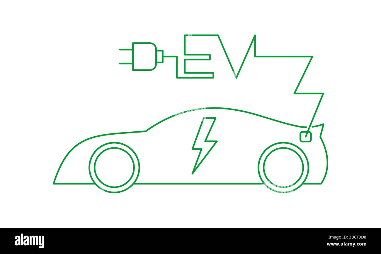 Voiture électrique moderne avec icône de prise et lettre EV faite de fil électrique, symbole de voiture EV de course éditable vert, véhicule respectueux de l'environnement, station de charge Illustration de Vecteur