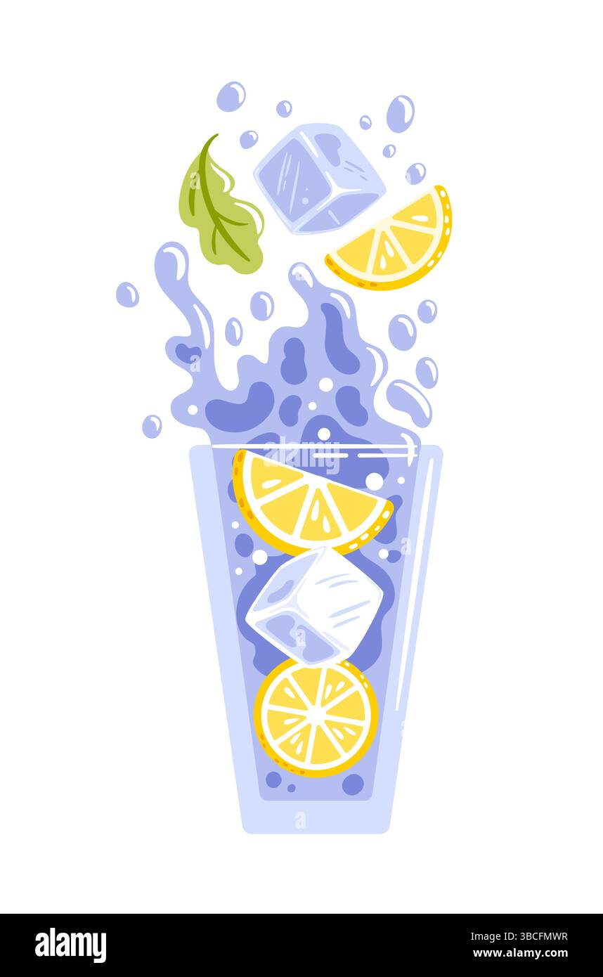 Illustration vectorielle d'une boisson rafraîchissante dans un verre clair, des tranches de citron juteuses et des glaçons. Des éclaboussures et des bulles animées ajoutent une sensation de mouvement, casquette Illustration de Vecteur