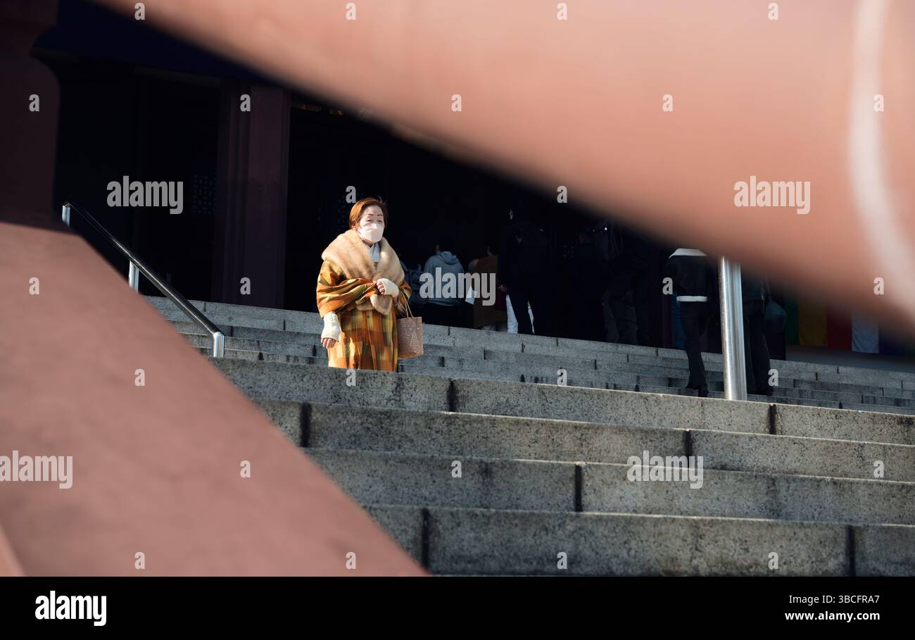 Une femme en kimono s’arrête sur les marches du hall principal du temple Zōjō-ji Banque D'Images