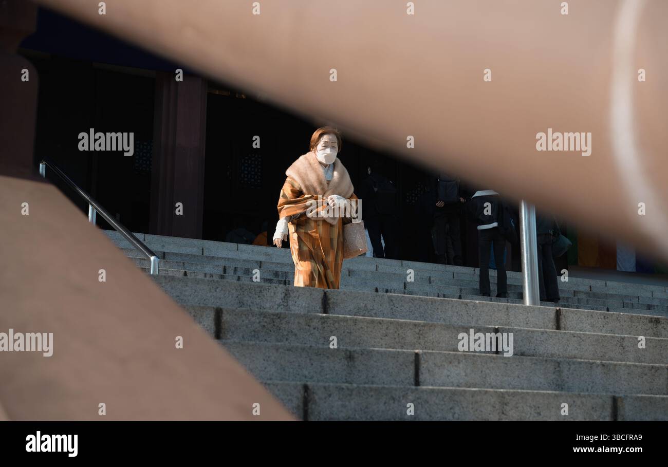 Une femme en tenue traditionnelle descend de la salle principale du temple Zōjō-ji, encadrée par les lignes de l'escalier Banque D'Images