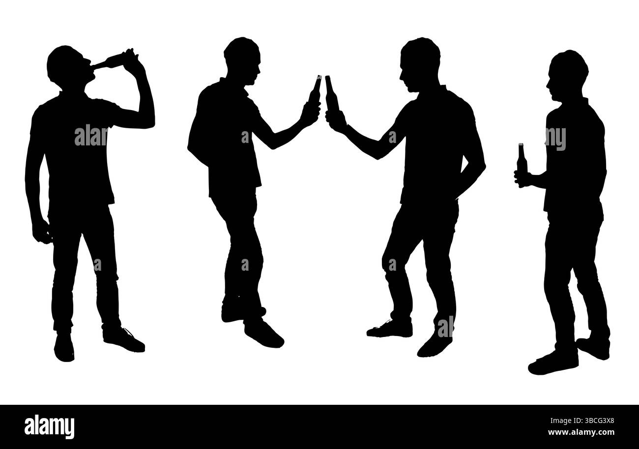 Partie quatre personnes avec une bouteille de bière sur un fond blanc Banque D'Images