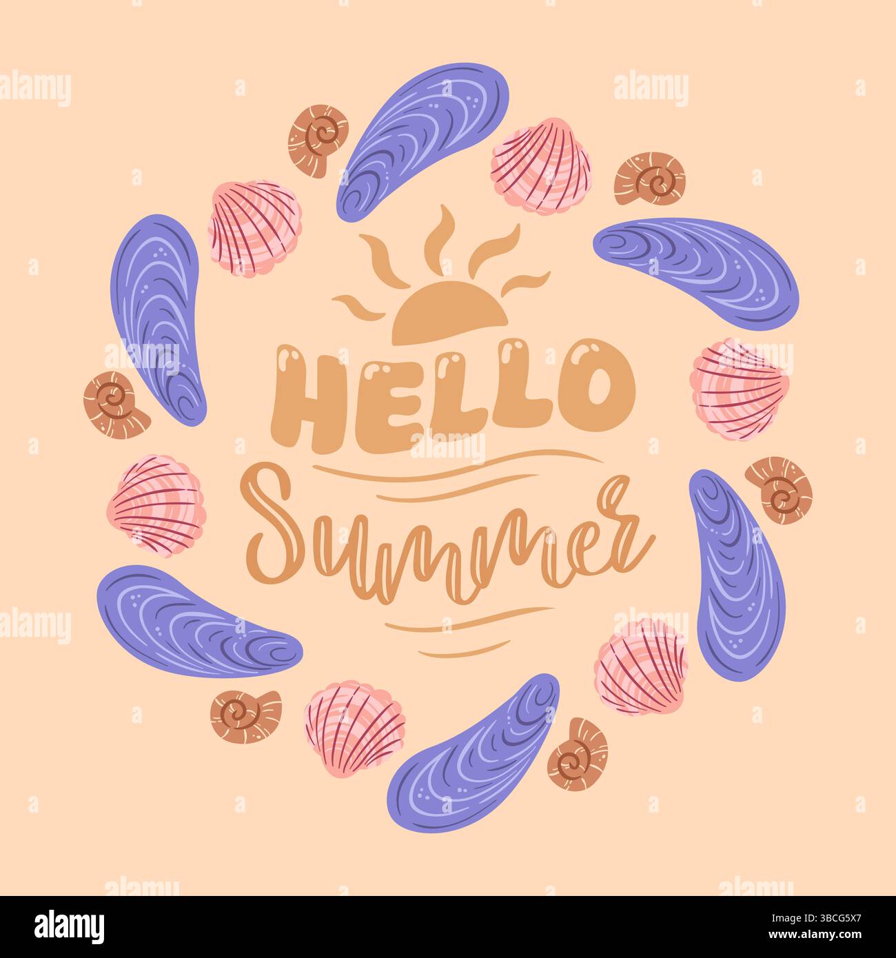 Une illustration vectorielle pittoresque avec les mots Hello Summer magnifiquement écrits dans le sable, accompagnés d'un assortiment de coquillages scattere Illustration de Vecteur