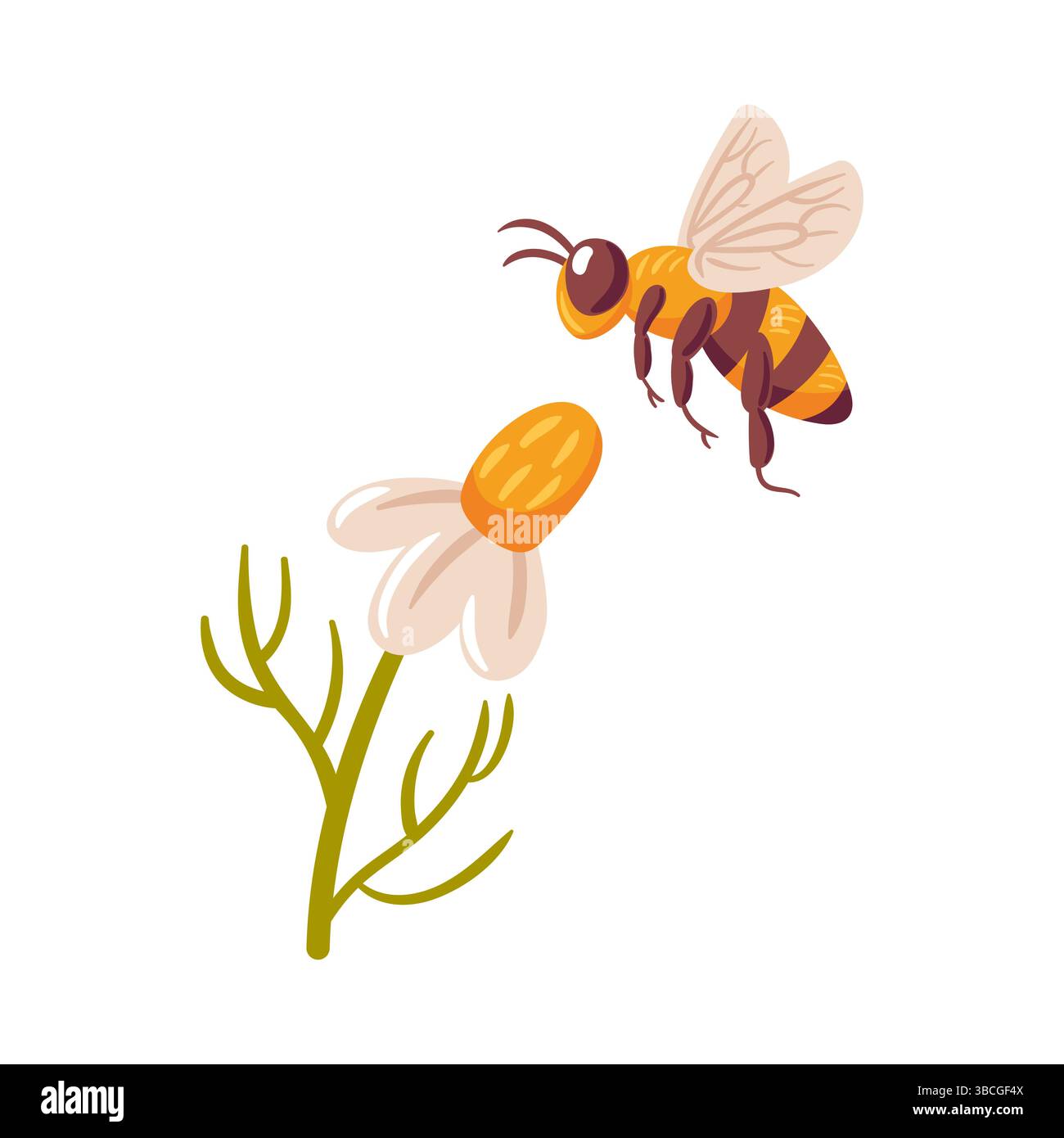 Illustration vectorielle représentant une abeille en plein vol, approchant gracieusement une Marguerite vibrante. La scène capture l'essence du printemps, mettant en valeur th Illustration de Vecteur